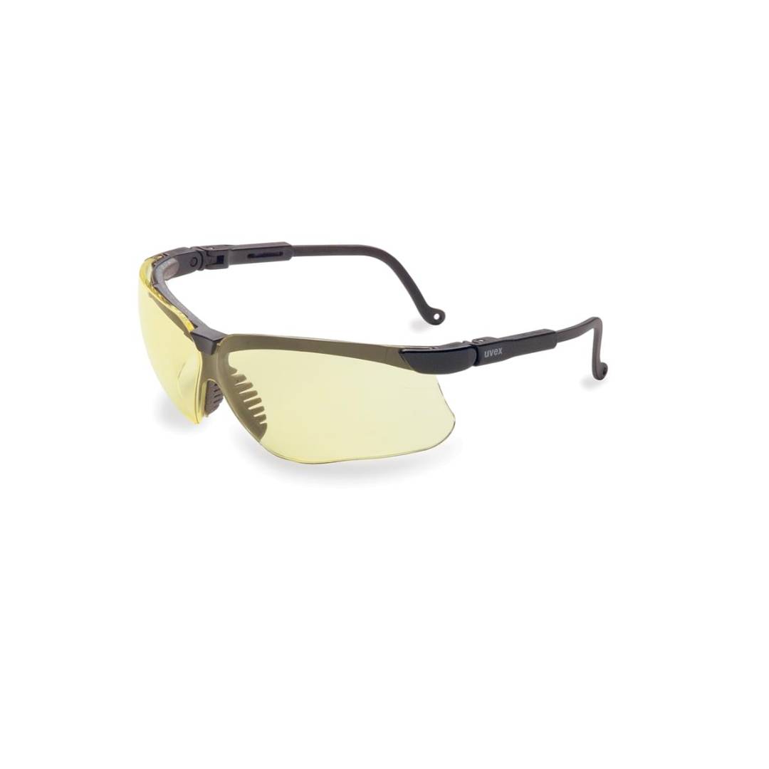 Glasses Safety Amber Genesis Ultra-Dura Black Adjustable Temple Spatulite Wrap-Around Single Flexibl