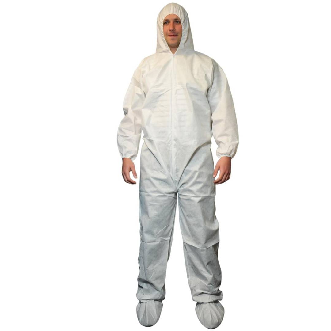 Coveralls Polypropylene Front Zipper Attached Bootshood Elastic Ankleswrists 2X White Disposable